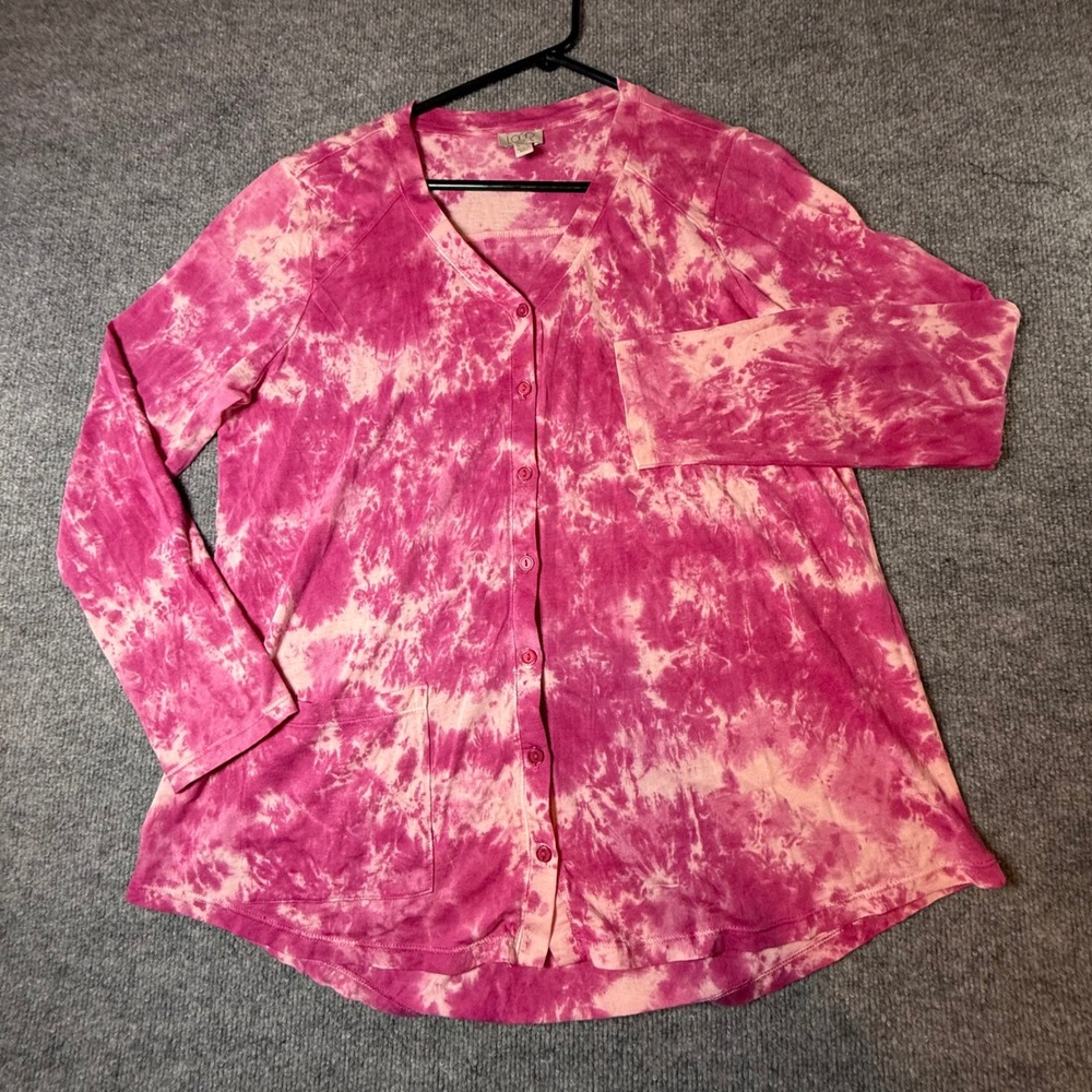 LOGO Lori Goldstein Pink Tie Dye Button Front Cardigan Womens L V-Neck Pocket